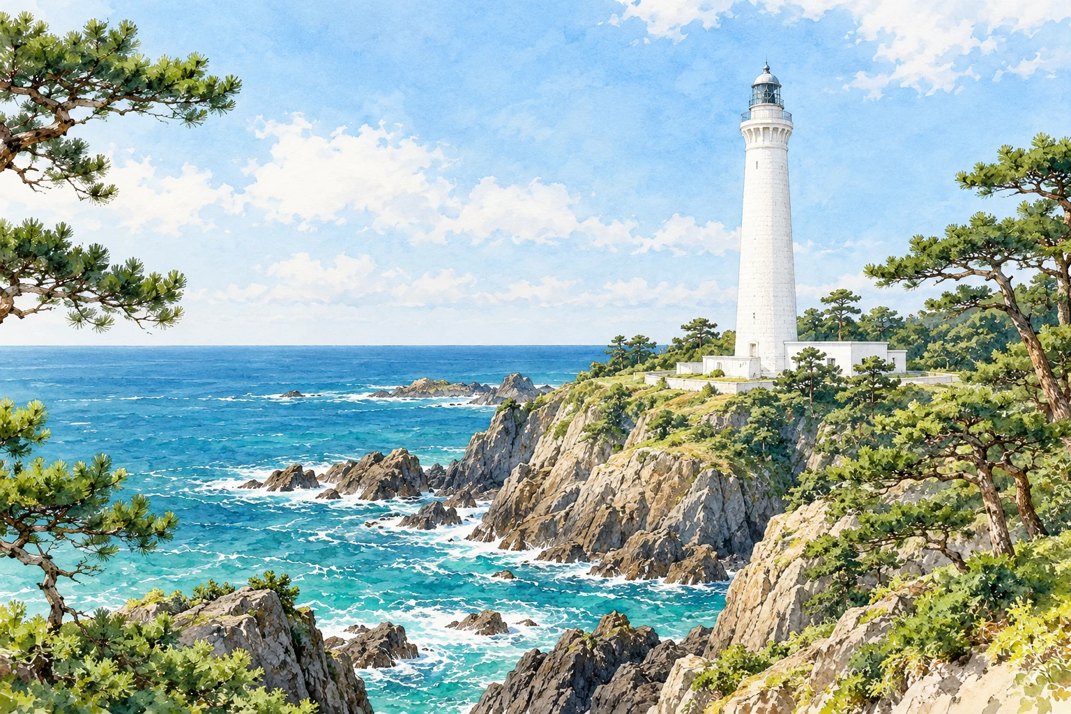 日本海と岩場を背景に立つ白い出雲日御碕灯台のイラスト