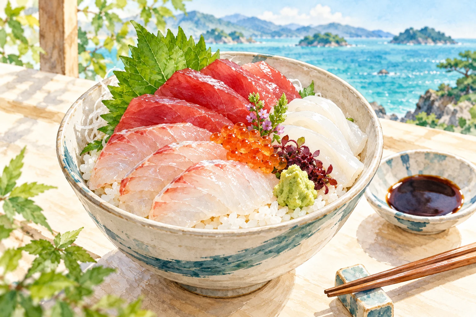 魚の刺身やイカを盛り付けた海鮮丼のイメージイラスト