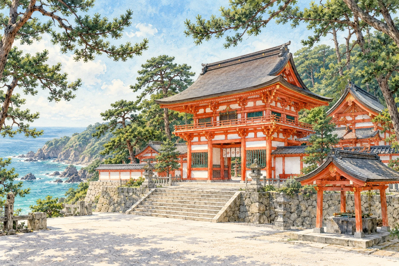 松の緑に映える日御碕神社の朱色の社殿を描いたイラスト