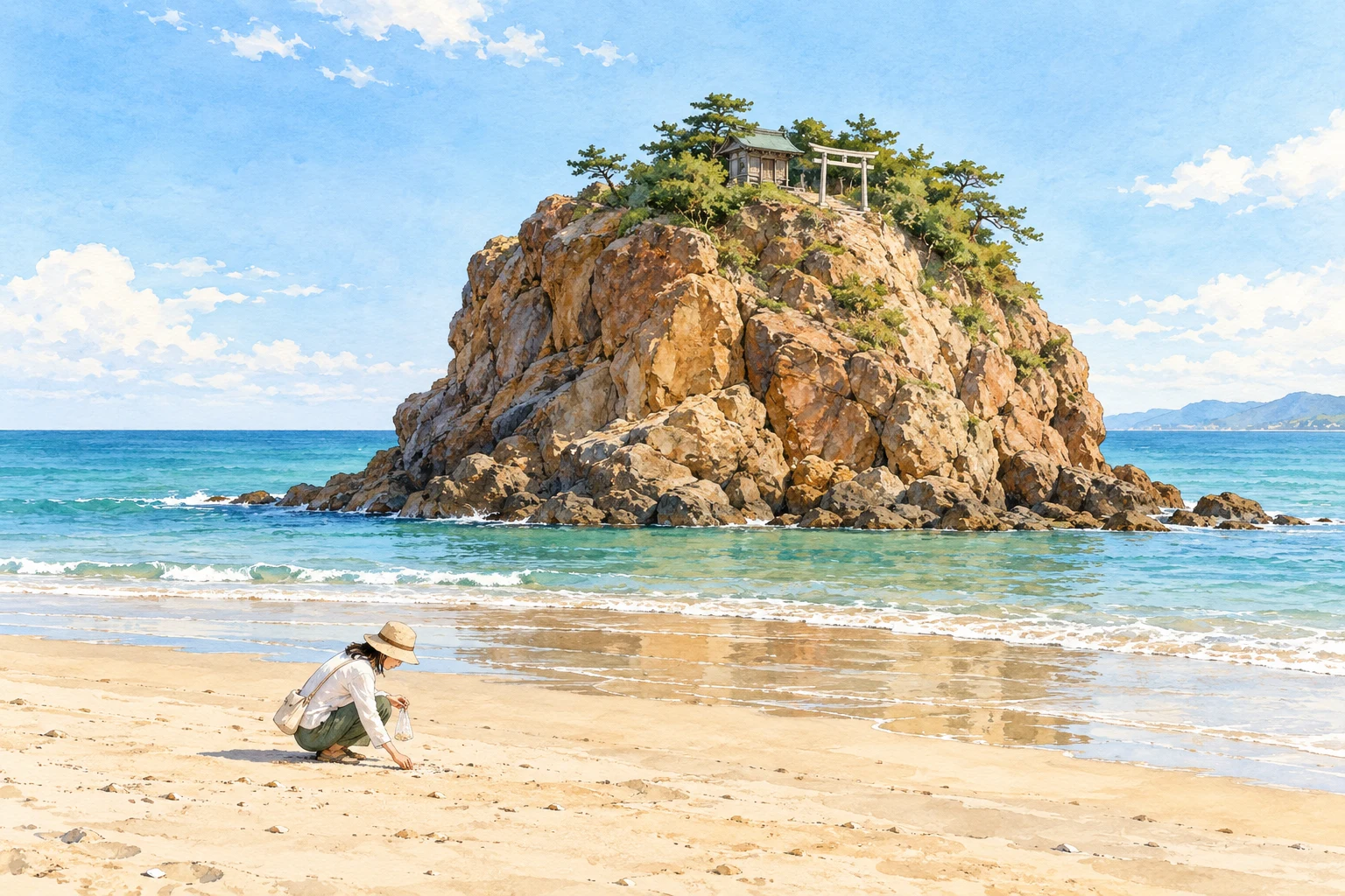 稲佐の浜の弁天島と、浜で少量の砂をいただく旅人を描いたイラスト