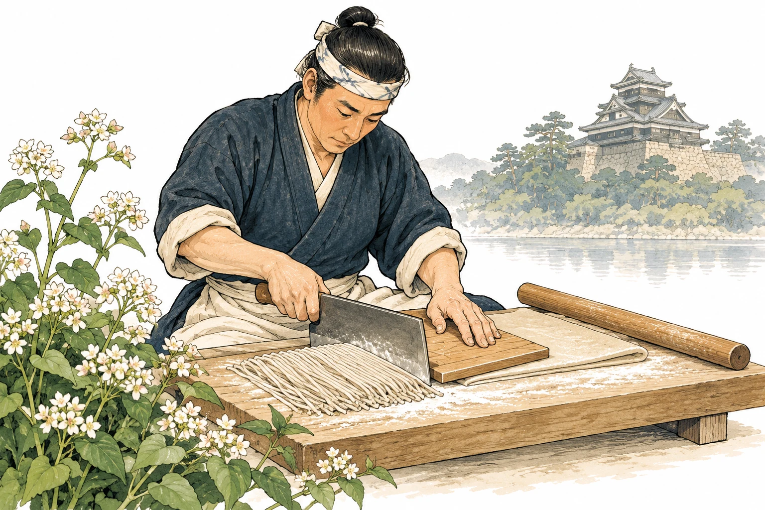 昔のそば職人がそばを打ち、そばの花と城下町が描かれた歴史のイメージイラスト