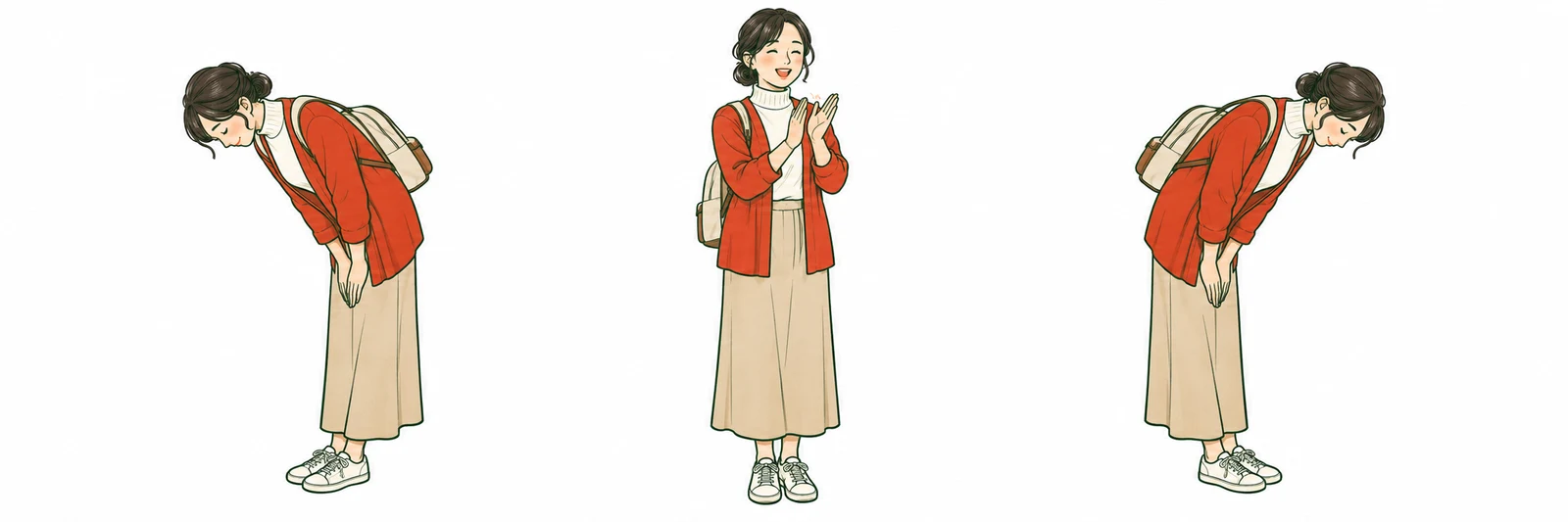 深くお辞儀をする人、胸の前で拍手をする人、最後にお辞儀をする人のイラスト